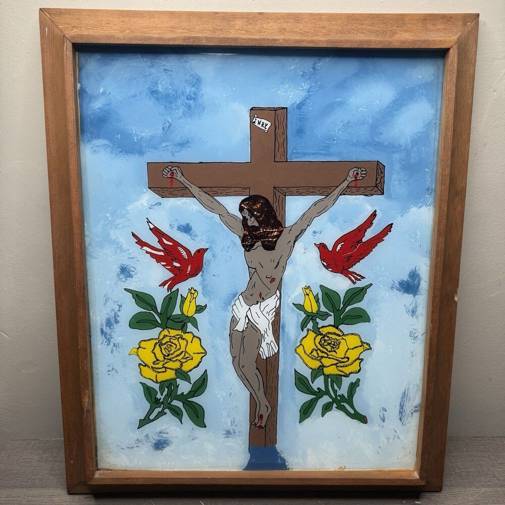Vintage 1977 Attica Prison Inmate Folk Art Hand Painted Glass Jesus Crucifixion